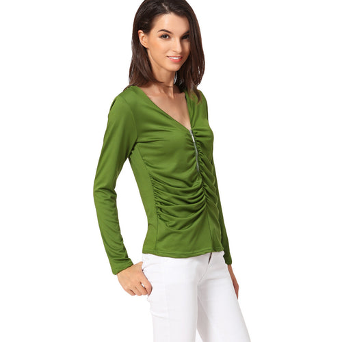 Camisas Femininas Long Sleeve Tshirt Women T Shirt Tops Poleras De Mujer Zip Ruched T-shirt Blusa Tee Shirt  SM6