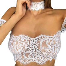 Camisas Mujer   Short Sleeeve Blouses Women Sexy Floral Sheer Lace Tops Choker Neck Off Shoulder Ladies blouses #63 SM6