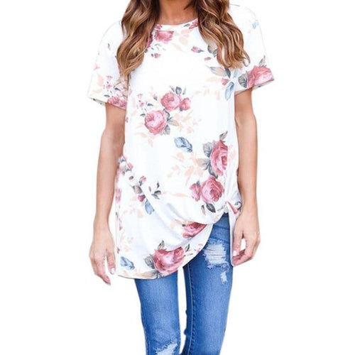 Camiseta Mujer T-Shirt Women   Women O-Neck Short Sleeve Flowers Printed Casual Tops Lady T Shirt poleras mujer #425 SM6