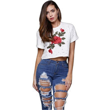 Camiseta Mujer Tops Women   Women Hipster Short Sleeve Cotton Embroidery Flower Tshirts Women Tee T Shirt Femme #417 SM6