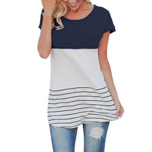 Camisetas Mujer  New Women Short Sleeve T-Shirt Striped Lace Splice Casual Long Style Tee Tops Female T Shirt Women #63 SM6