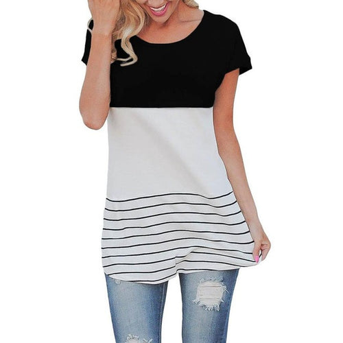 Camisetas Mujer  New Women Short Sleeve T-Shirt Striped Lace Splice Casual Long Style Tee Tops Female T Shirt Women #63 SM6