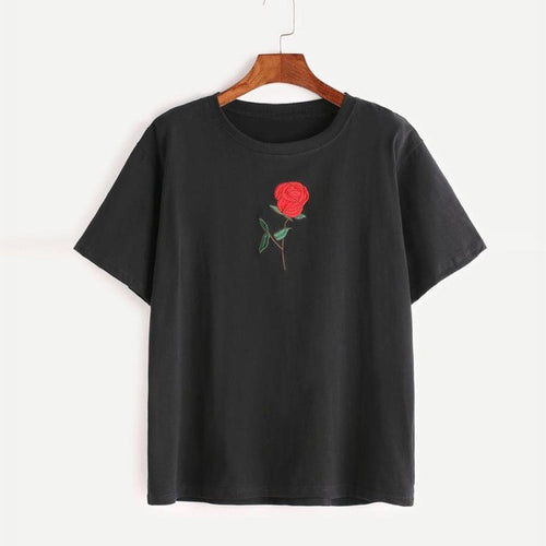 Camisetas Mujer  Women  Embroidery Floral T-Shirt Women Short Sleeve O Neck Tee Shirt Femme Black #23 SM6