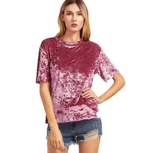 Camisetas Mujer Fashion Women  Short Sleeve Velvet Tshirt Women  Casual Pink Drop T-shirt Velvet Tops Female #23 SM6