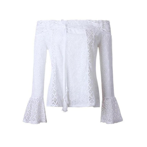 Camisetas Mujer Verano  Women Off Shoulder Long Sleeve Lace Loose Tops T-Shirt Women Hot Sale Tee Tops Ladies White #417 SM6