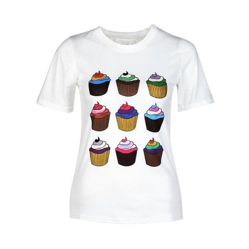 Camisetas mujer  Women's T-shirts Fashion Short Sleeve harajuku Cake Print T-Shirt Tee Tops Female White S/XL SM6