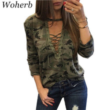 Camouflage Sexy Deep Lace Up V Neck t-shirt  New Fashion Woman T shirts Plus Size Full Sleeve BandageTops Tee 72684 SM6