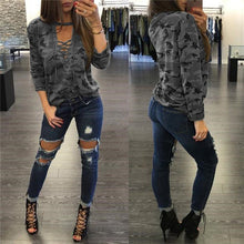 Camouflage Sexy Deep Lace Up V Neck t-shirt  New Fashion Woman T shirts Plus Size Full Sleeve BandageTops Tee 72684 SM6
