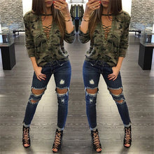 Camouflage Sexy Deep Lace Up V Neck t-shirt  New Fashion Woman T shirts Plus Size Full Sleeve BandageTops Tee 72684 SM6