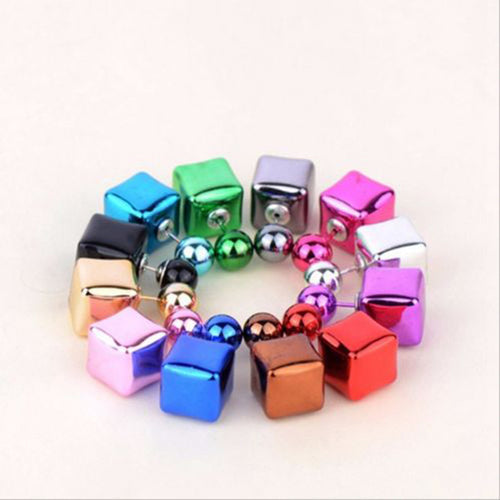 C y Double Sided Earings Square Seal Ball Ear Studs Elegant Crystal Jewelry SM6