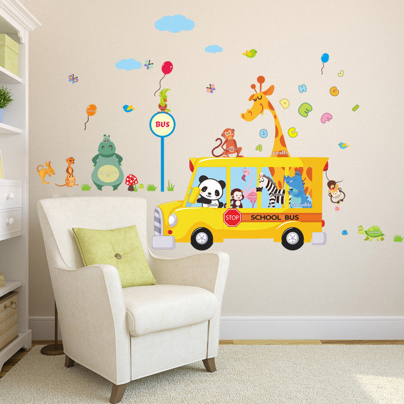 Cartoon Animals School Bus Wall Stickers For Kids Rooms Panda Monkey Giraffee Turtle Nursery Room Decor Art Wall Decal Poster SM6