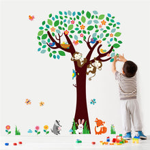 Cartoon Forest Animal Monkeys Rabbit Birds Tree Wall Stickers For Kids Rooms Butterfly Nursery Home Decor Bedroom Poster Mural SM6