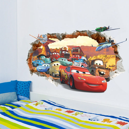 Cartoon Through The Brick Pixar Car Wall Sticker For Kids Rooms Wall Art Decal Mural Bedroom Wallpaper Home Decor Boy's Gift SM6