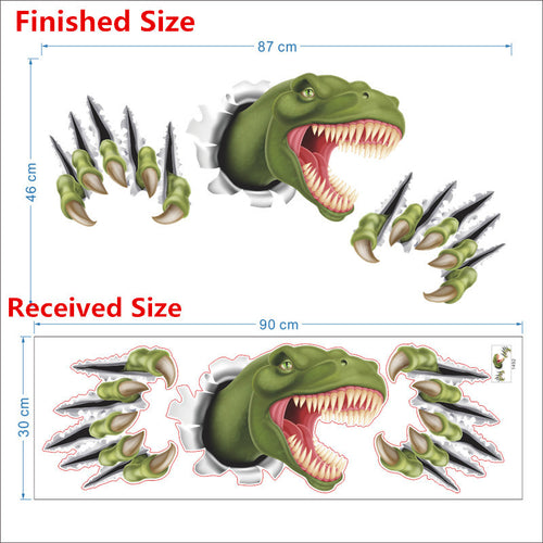 Cartoon dinosaur through wall stickers for kids room bedroom decor animal 3D effect brocken wall home decal poster children toy SM6