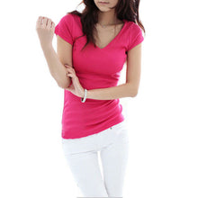 Casual Blusas Femininas 2016 Fashion Women Summer Short Sleeve T-Shirt V-neck Solid Slim Tops Free Shipping S/M/L/XL/XXL SM6