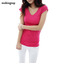 Casual Blusas Femininas 2016 Fashion Women Summer Short Sleeve T-Shirt V-neck Solid Slim Tops Free Shipping S/M/L/XL/XXL SM6