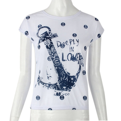 Casual Women Slim T-Shirts 2016 Fashion Anchor Letters Printed Shirts Tops Womens Summer Short Sleeve Tee Tops Blusas Femininas SM6