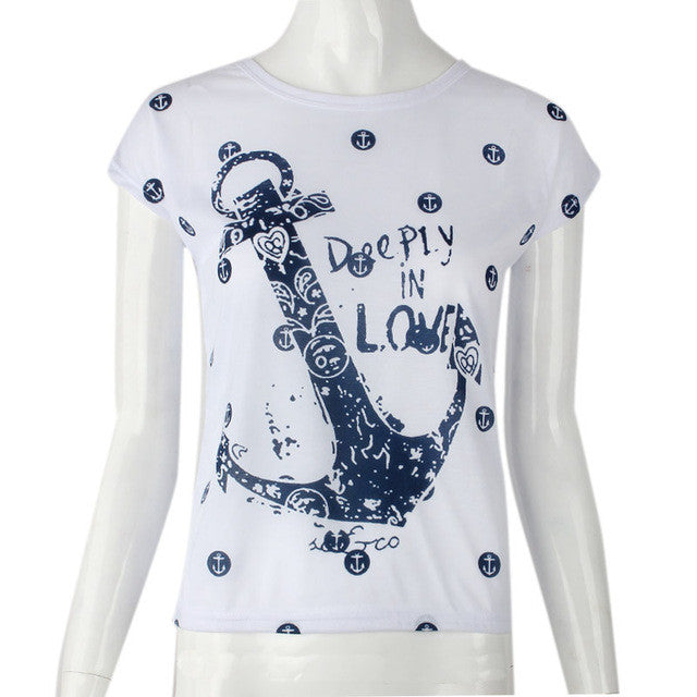Casual Women Slim T-Shirts 2016 Fashion Anchor Letters Printed Shirts Tops Womens Summer Short Sleeve Tee Tops Blusas Femininas SM6