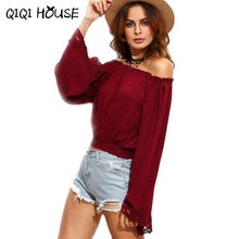 Chiffon Blouse Off Shoulder Flare Sleeve Wine Red Elegant Tops Womens Clothing Lace Loose Blouse Blusas Com Renda#C818 SM6