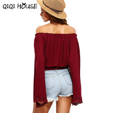 Chiffon Blouse Off Shoulder Flare Sleeve Wine Red Elegant Tops Womens Clothing Lace Loose Blouse Blusas Com Renda#C818 SM6