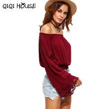 Chiffon Blouse Off Shoulder Flare Sleeve Wine Red Elegant Tops Womens Clothing Lace Loose Blouse Blusas Com Renda#C818 SM6