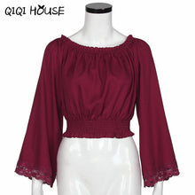 Chiffon Blouse Off Shoulder Flare Sleeve Wine Red Elegant Tops Womens Clothing Lace Loose Blouse Blusas Com Renda#C818 SM6