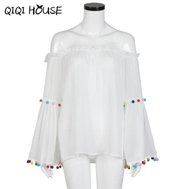 Chiffon Blouse Sexy Off Shoulder Tops Tassel Colorful Long Sleeve Flare Loose Solid White Blouse Camisa Jeans Feminino#C823 SM6