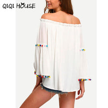 Chiffon Blouse Sexy Off Shoulder Tops Tassel Colorful Long Sleeve Flare Loose Solid White Blouse Camisa Jeans Feminino#C823 SM6