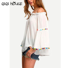Chiffon Blouse Sexy Off Shoulder Tops Tassel Colorful Long Sleeve Flare Loose Solid White Blouse Camisa Jeans Feminino#C823 SM6