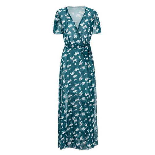 Chiffon Dress Printing Flower Maxi Dress Short Sleeve Spilt Belt Summer Beach Dress Long Vestidos Longos#B716 SM6