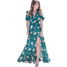 Chiffon Dress Printing Flower Maxi Dress Short Sleeve Spilt Belt Summer Beach Dress Long Vestidos Longos#B716 SM6