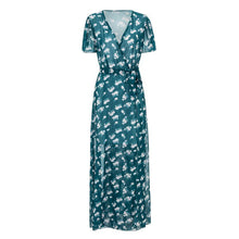 Chiffon Dress Printing Flower Maxi Dress Short Sleeve Spilt Belt Summer Beach Dress Long Vestidos Longos#B716 SM6