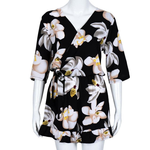 Chiffon Summer Overalls Short Sleeve Bohemian Floral Playsuits Plus Size 4XL Loose One Piece Jumpsuit Summer Style#212 SM6