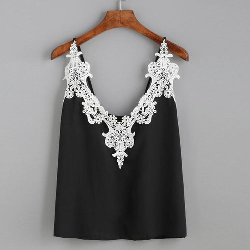 Chiffon Tank Top Women   Lace Loose Vest Top Sleeveless Casual Tank Tops Camisole Black #63 SM6