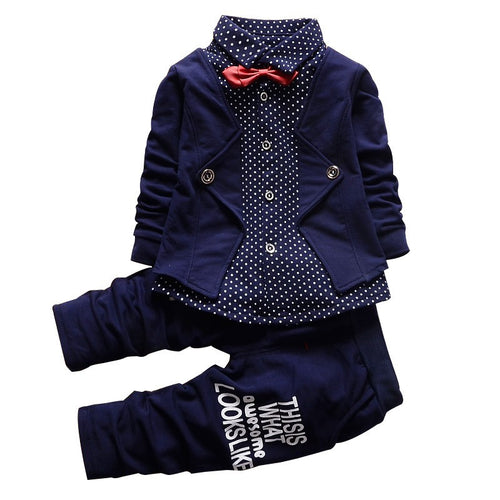 Children's Clothing Sets Baby Boy Gentleman Bow Tie Fake T-shirt Coat  Pants 2pcss Suits Kids Tracksuit Set SM6