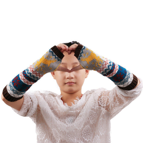 Christmas Elk Knitted Women Gloves Warm Arm Knitted Fingerless Winter Gloves Luvas Feminina#A11 SM6