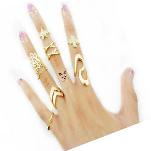 Clover Rhinestone Joint Tail Finger Knuckle Ring Set for women 7PCS Rock Punk Gold Plated Stack B  Midi Rings SM6