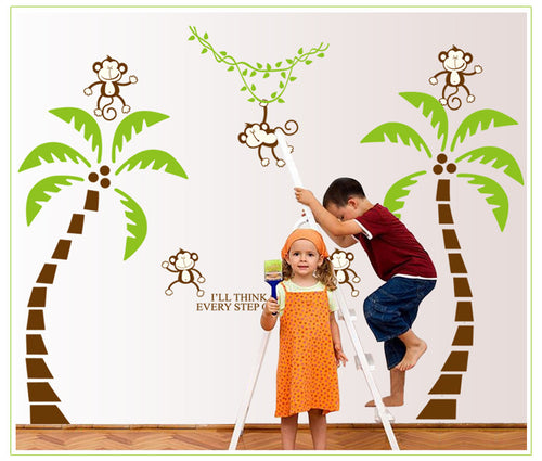 Coconut trees in the monkey creative animation cartoon school kindergarten children room decorates a wall stickers SM6