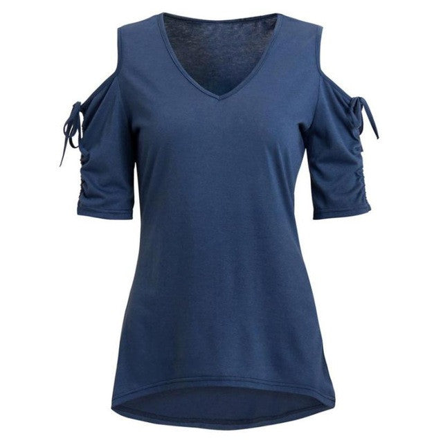 Cold Shoulder T-shirt Women Fashion  T shirt 4 Colors Short Sleeve O Neck Woman Tee Shirt Female camisetas mujer verano #23 SM6