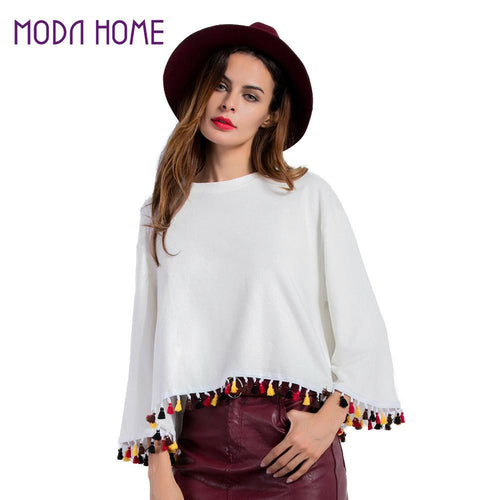 Contrast Tassel Hemline Women Shirt Tops Round Neck Dropped Shoulder Blusas Short Loose Fit Harajuku Clothes White Pullover  SM6
