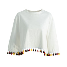 Contrast Tassel Hemline Women Shirt Tops Round Neck Dropped Shoulder Blusas Short Loose Fit Harajuku Clothes White Pullover  SM6