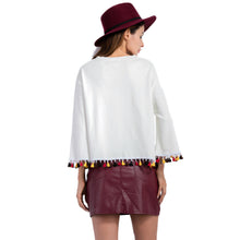 Contrast Tassel Hemline Women Shirt Tops Round Neck Dropped Shoulder Blusas Short Loose Fit Harajuku Clothes White Pullover  SM6