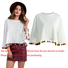 Contrast Tassel Hemline Women Shirt Tops Round Neck Dropped Shoulder Blusas Short Loose Fit Harajuku Clothes White Pullover  SM6