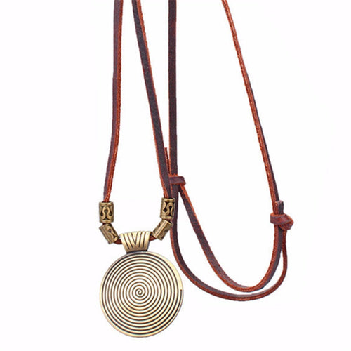 Cool Rock Round Pendant Long Chain Necklace Vintage PU Leather Pendant Necklace SM6
