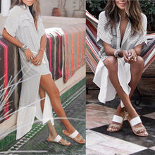 Cotton Maxi Dress Shirt Short Sleeve Spilt Sexy Striped Dress Turn-Down Collar Long Summer Dress Vestido Listrado#B729 SM6