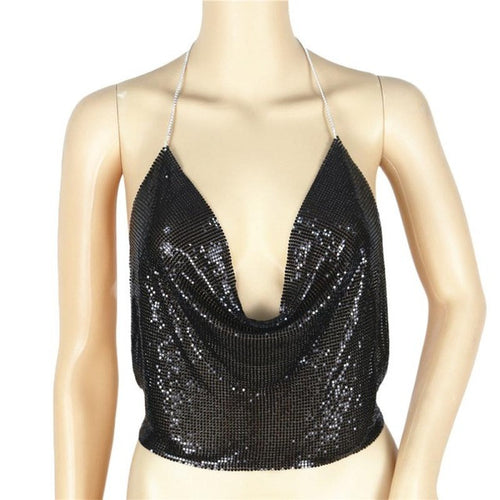 Crop Top Sexy V-neck Halter Backless Sequins Women Tops Ladies Club Wear Sexy Metal Chain Camis Roupas Sexy E Sensuais#121 SM6
