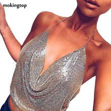 Crop Top Sexy V-neck Halter Backless Sequins Women Tops Ladies Club Wear Sexy Metal Chain Camis Roupas Sexy E Sensuais#121 SM6