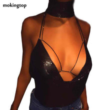 Crop Top Sexy V-neck Halter Backless Sequins Women Tops Ladies Club Wear Sexy Metal Chain Camis Roupas Sexy E Sensuais#121 SM6