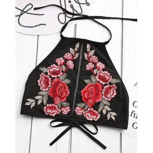 Crop Tops Women   New Embroidery Flower Womans Short Halter Neck Bandage Low Cut Tanks Top Women #23 SM6