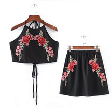 Crop Tops Women's Sets Embroidery Rose Backless Women Tanks Top+Skirts Summer Clothes Jupe Femme Saias Das Mulheres#212 SM6